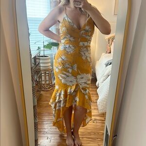 Yellow High-Low Sundress with Ruffled Tiers and Spaghetti Straps